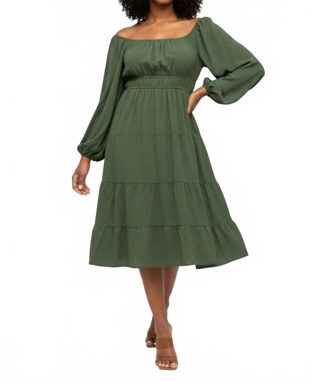 NEW SHE + SKY women's long sleeve woven tiered dress in olive